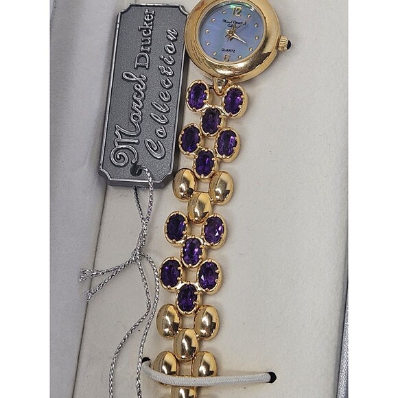 Marcel Drucker Amethyst Gold Tone Mother Of Pearl Face Ladies Quartz Watch New